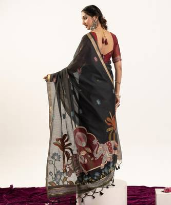 black solid blended cotton saree with blouse 3