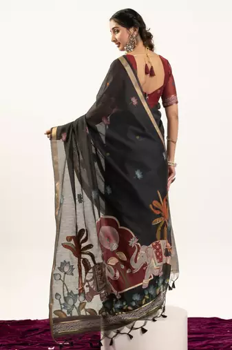 black solid blended cotton saree with blouse
