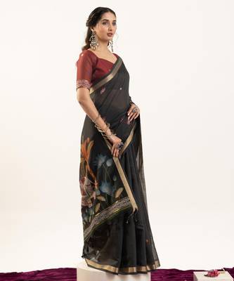 black solid blended cotton saree with blouse 4