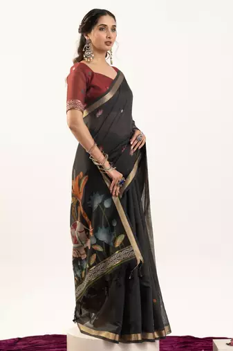 black solid blended cotton saree with blouse