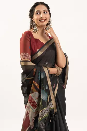 black solid blended cotton saree with blouse