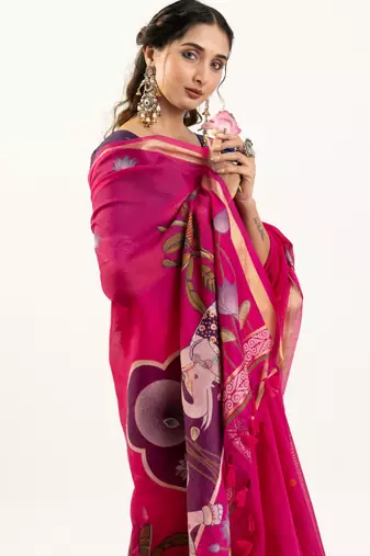 pink solid blended cotton saree with blouse