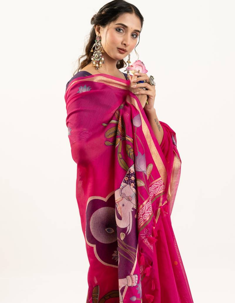 pink solid blended cotton saree with blouse