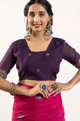 pink solid blended cotton saree with blouse