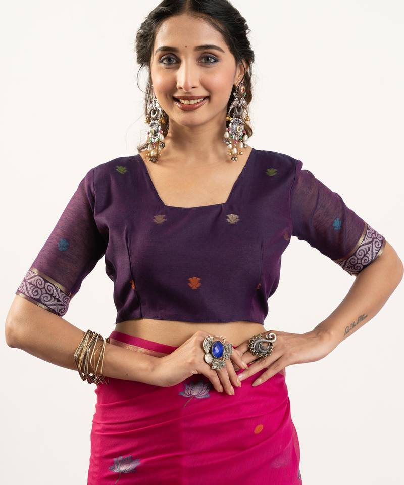 pink solid blended cotton saree with blouse