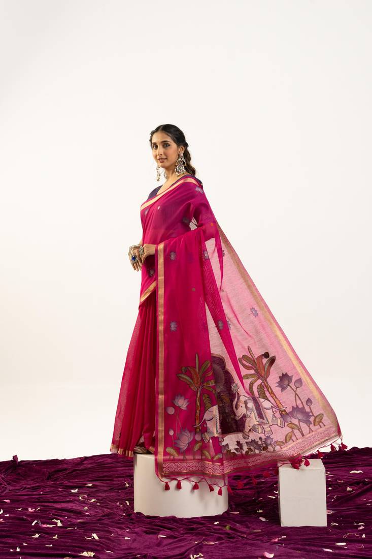 pink solid blended cotton saree with blouse