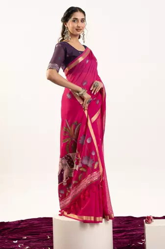 pink solid blended cotton saree with blouse