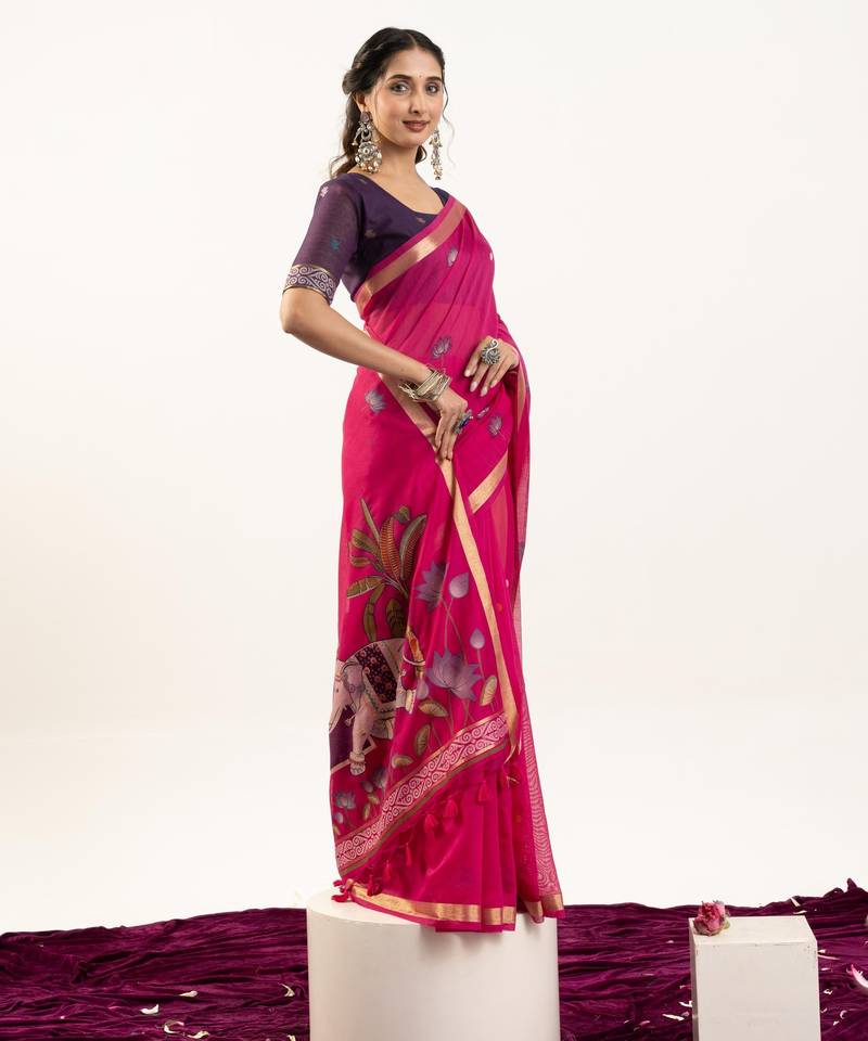 pink solid blended cotton saree with blouse