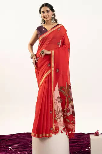 red solid blended cotton saree with blouse