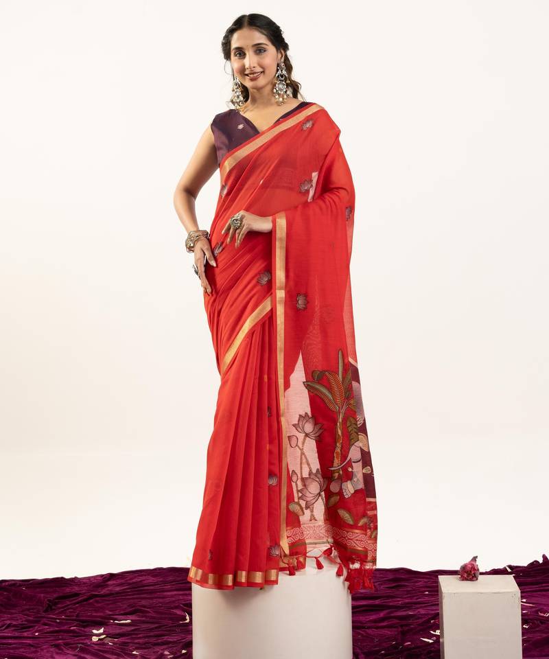 red solid blended cotton saree with blouse