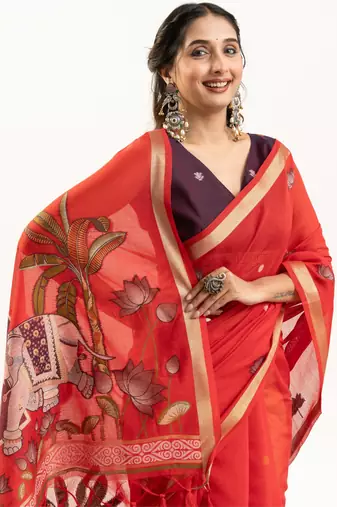 red solid blended cotton saree with blouse