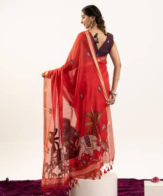 red solid blended cotton saree with blouse 3
