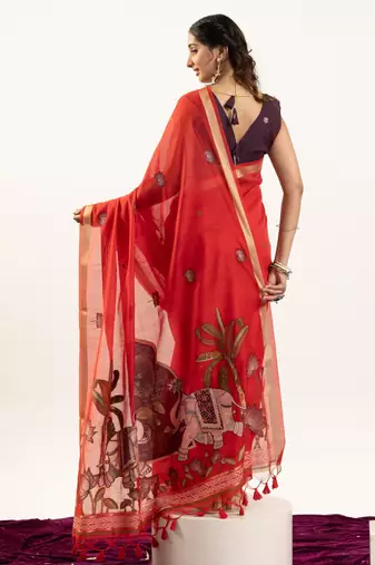 red solid blended cotton saree with blouse