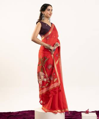 red solid blended cotton saree with blouse 4