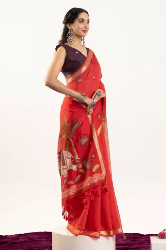 red solid blended cotton saree with blouse