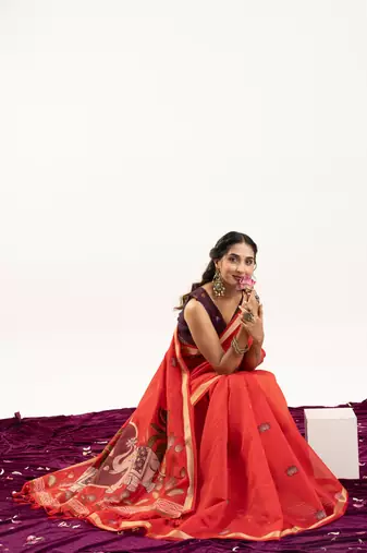 red solid blended cotton saree with blouse