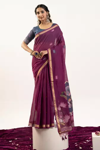 wine solid blended cotton saree with blouse