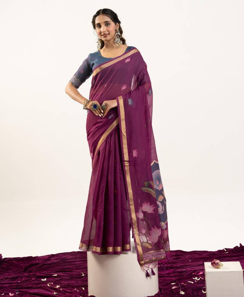 wine solid blended cotton saree with blouse