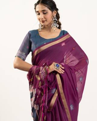 wine solid blended cotton saree with blouse 2