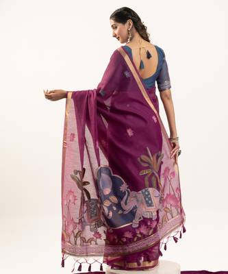 wine solid blended cotton saree with blouse 3