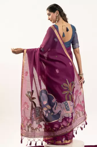 wine solid blended cotton saree with blouse