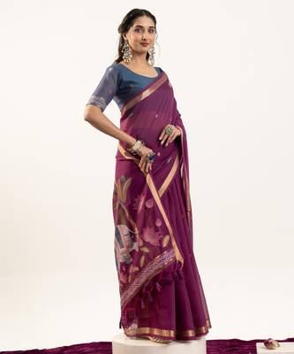 wine solid blended cotton saree with blouse 4
