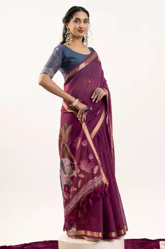 wine solid blended cotton saree with blouse