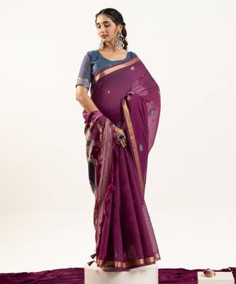 wine solid blended cotton saree with blouse 5