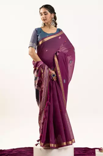 wine solid blended cotton saree with blouse