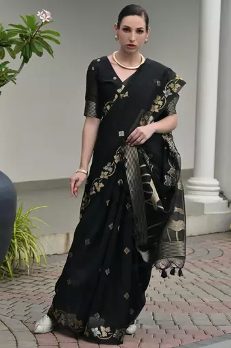 black solid linen saree with blouse