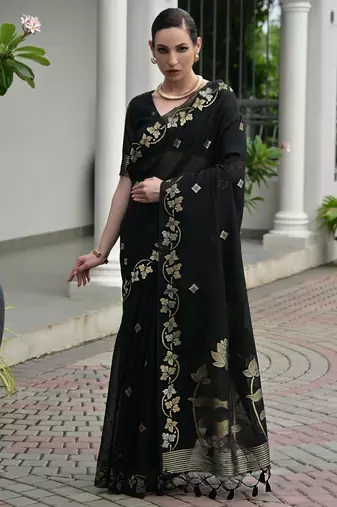black solid linen saree with blouse