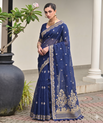 blue solid linen saree with blouse 1