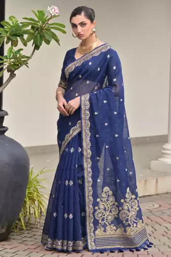 blue solid linen saree with blouse