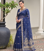 blue solid linen saree with blouse