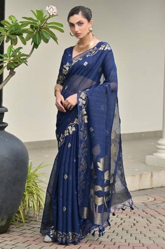 blue solid linen saree with blouse