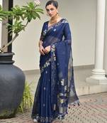 blue solid linen saree with blouse