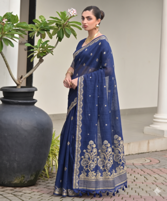 blue solid linen saree with blouse 2
