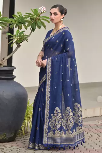 blue solid linen saree with blouse