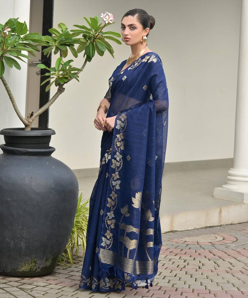 blue solid linen saree with blouse