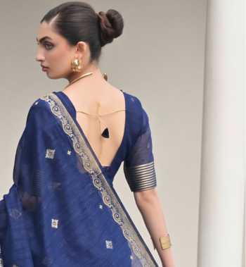 blue solid linen saree with blouse 3