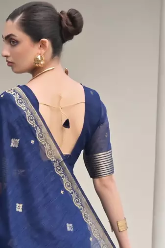 blue solid linen saree with blouse