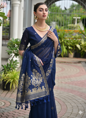 blue solid linen saree with blouse 4