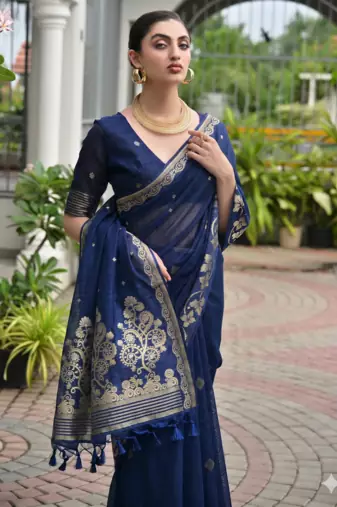 blue solid linen saree with blouse
