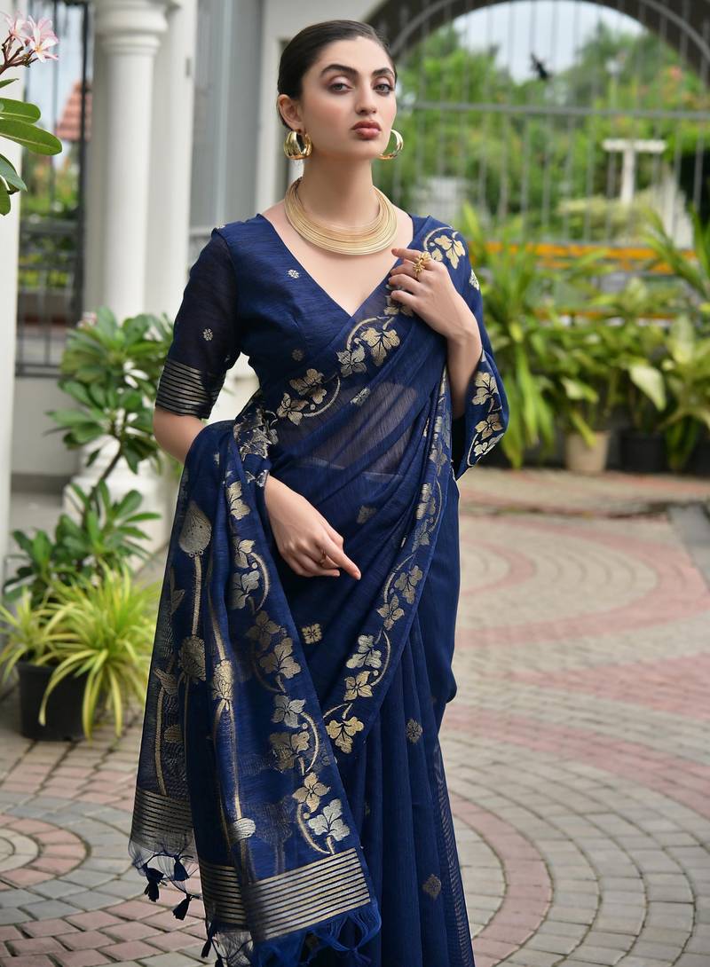 blue solid linen saree with blouse