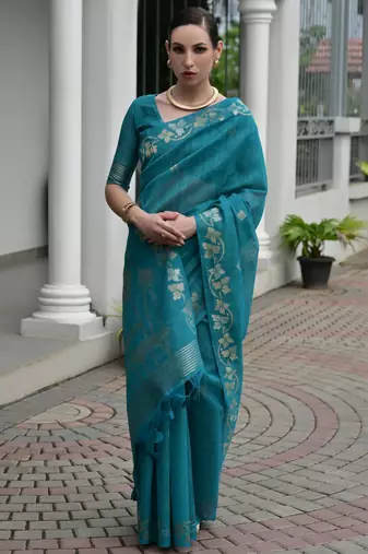 blue solid linen saree with blouse