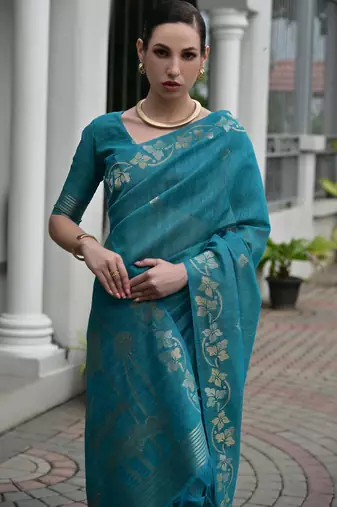 blue solid linen saree with blouse