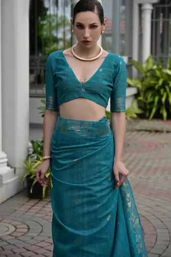 blue solid linen saree with blouse