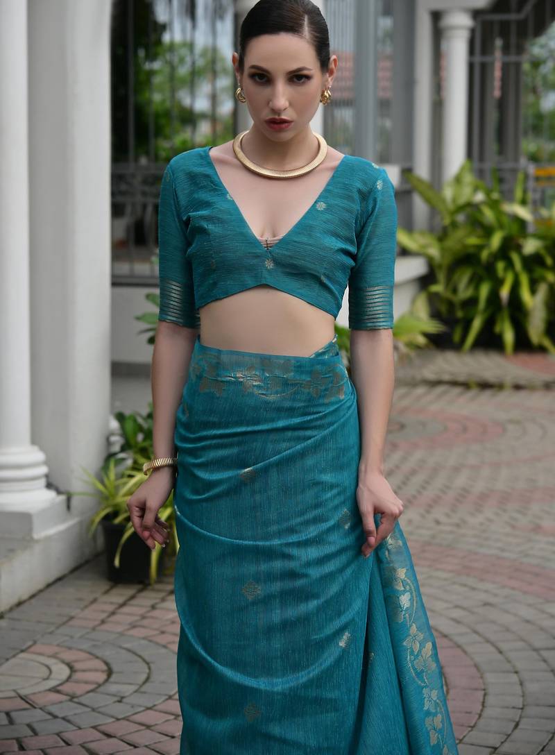 blue solid linen saree with blouse