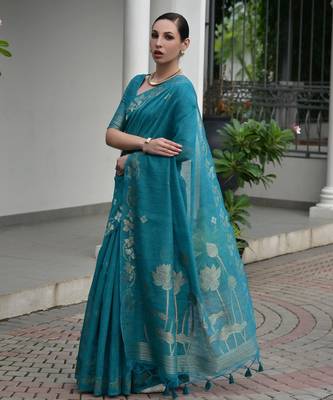 blue solid linen saree with blouse 4