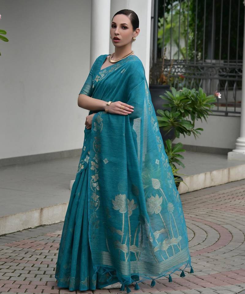 blue solid linen saree with blouse